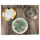 Italian Hand Painted Ceramic Plates & Glass Stand