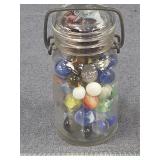 Glass Marbles in Wire Bail Jar