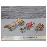 Antique Cast Iron Ox Cart & Horse Wagon Set