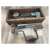 Wooden Tool Box with Hand Tools & Bits