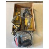 Ear Muffs, Hand Drill, Height Gauge, misc. box