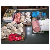 4 Boxes; Mugs, Cups, Kitchen Linens