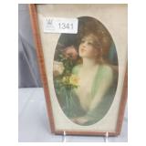 Wood Frame Picture Lady Smelling a Rose