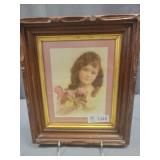 Wood Frame Picture with a Girl Holding Pink Roses