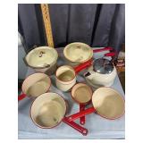 Cream and Red Trim Enamelware Cookware Kettle Sauc