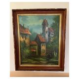 Framed European Architectural Village Scene Oil on