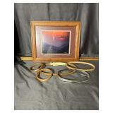 Framed Mountain Sunset Photograph and Assorted Emb