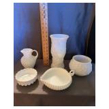 White Milk Glass Hobnail and Textured Vases and Di