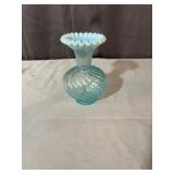 Fenton Aqua Blue Swirled Glass Vase With Opalescen