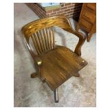 Antique Oak Swivel Bankers Desk Armchair with Iron