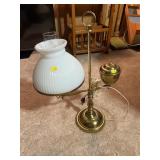 Brass Single Arm Student Lamp Ribbed Milk Glass Sh
