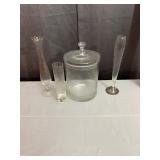 Assorted Etched Glass Lot Including Covered Jar an