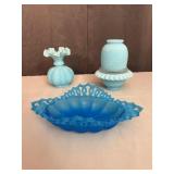 Fenton Blue Satin Glass Fairy Lamp Vase and Lace B