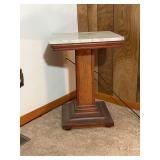 Antique Carved Wood Pedestal Stand with White Marb
