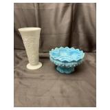 Fenton Blue Slag Hobnail Candle Bowl and Milk Glas