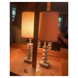 Pair of Stacked Marble Block Table Lamps With Drum