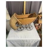 Antique Woven Wicker Doll Carriage with Metal Spok