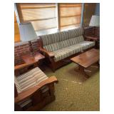 Rustic Pine Living Room Suite with Striped Tweed U