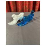 Fenton White Milk Glass Hobnail Shoe and Blue Pres
