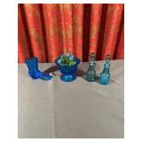 Blue Pressed Glass Slipper Compote Bowl and Cruet