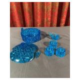 Blue Pressed Glass Lidded Butter Dish Salt Cellars