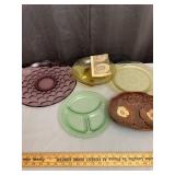 Assorted Depression Glass Dishes and Carved Floral