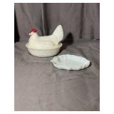 White Milk Glass Hen on Nest Dish and Leaf Tray