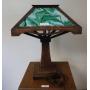 VICTORIAN WALNUT MISSION STYLE LAMP W/GREEN