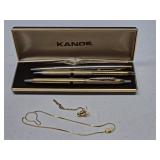 GOLD TYPE BRACELET, TIE TACK & KANOE PENS