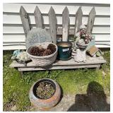 WOODEN BENCH, POT WITH HENS & CHICKS