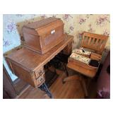 SINGER PEDDLE SEWING MACHINE, CHAIR, SEW ITEMS