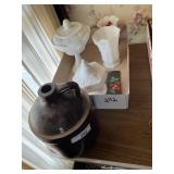 BROWN CROCK JUG & MILK GLASS