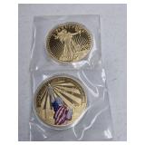 2-LARGE GOLD TYPE-PLATED COINS-STATUE OF LIBERTY