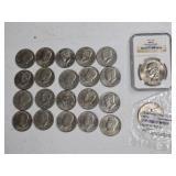 20-MIXED DATES OF KENNEDY HALVES & 2-IKE DOLLARS