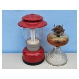 COLEMAN BATTERY LANTERN & OLDER OIL LAMP NO SHADE