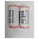 25-LINCOLN & 25-ADAMS 1 DOLLAR COINS ROLLED
