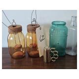 2-GLASS CANDLE JARS, PINT WHISKEY BOTTLE