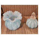 FENTON BLUE DISH & PERFUME BOTTLE W/STOPPER