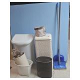 BROOMS, CLOTHES HAMPER, TRASH CANS