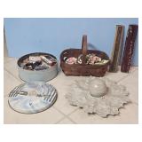 FRUIT BASKET W/ GLASSWARE, COOKIE TIN W/SEWING