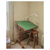 DRAFTING TABLE, WOOD STOOL, FLOOR LAMP