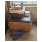 WICKER TYPE STORAGE BASKET, CANDLE, BLUE FAN