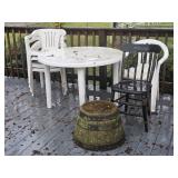 5 PLASTIC PATIO CHAIRS, HITCHCOCK STYLE WOOD CHAIR