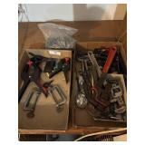 2 boxes of clamps, pipe wrenches and misc tools