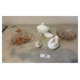 Depression glass & covered boot, HEN ON NEST& duck