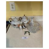 Fostoria vase, Napco fox terrier,  Tea pot &