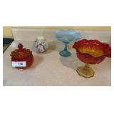 Fenton coveered dish, Ambirna glass, Bisque ginger