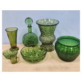 GREEN DECANTER BOTTLE, BEEHIVE PLANTER, VASES