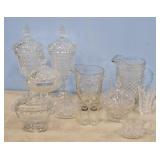 4 COVERED CANDY DISHES & WATER PITCHERS
