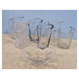 6 GLASS WATER PITCHERS & ETCHED BOWL
